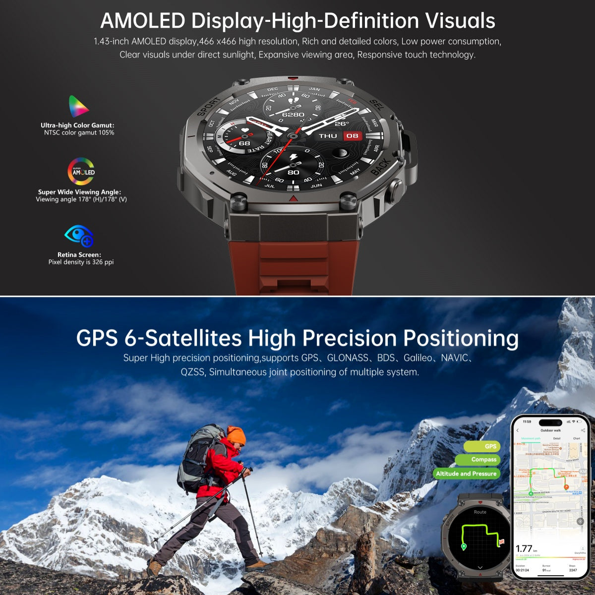 Rugged Outdoor GPS Smartwatch – 5 ATM Waterproof for Adventurers