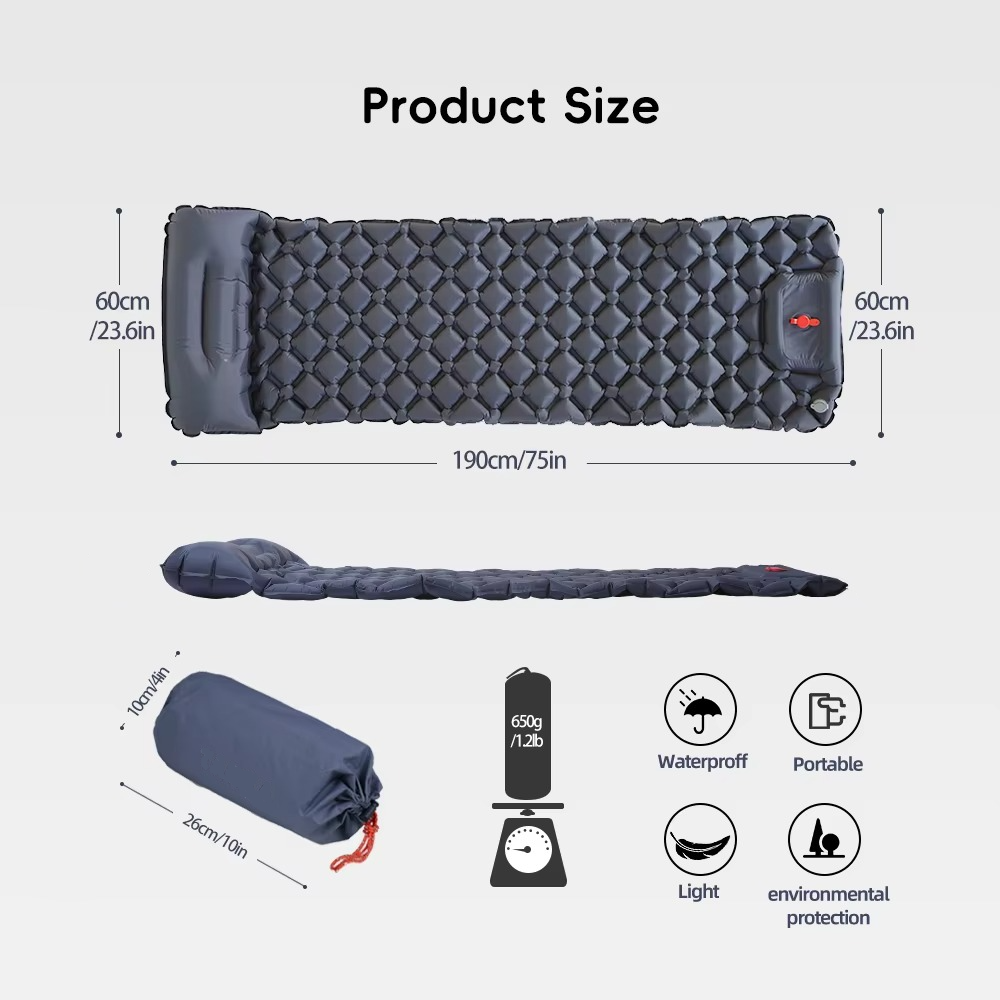Lightweight Self-Inflating Air Mattress with Integrated Pillow for Camping