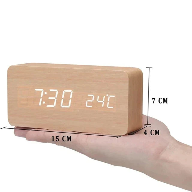 Voice-Activated Wooden LED Alarm Clock for Stylish Mornings