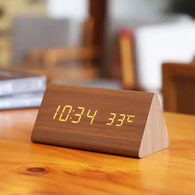 Voice-Activated Wooden LED Alarm Clock for Stylish Mornings