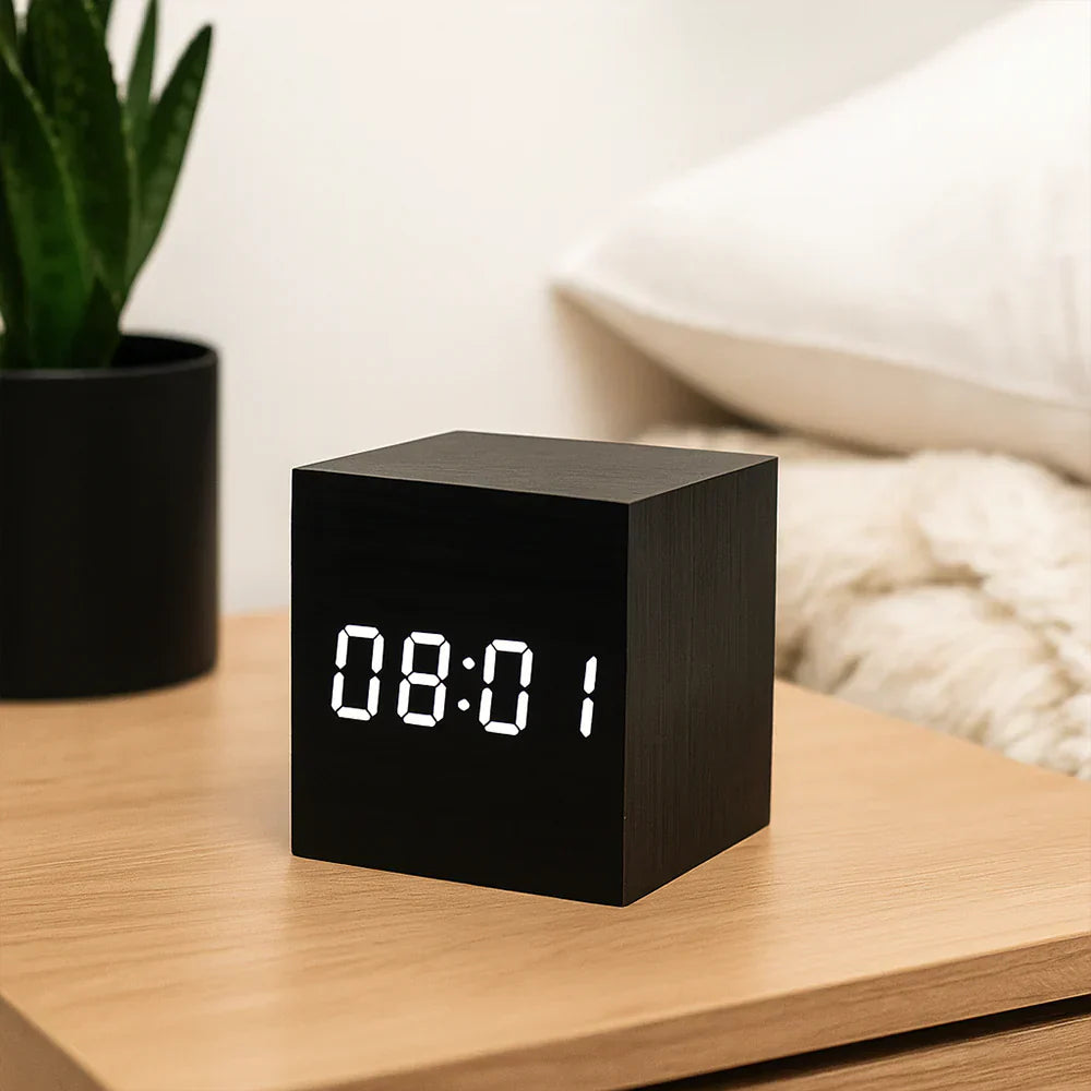 Smart Cube Alarm Clock with LED Display for Time, Date & Temp