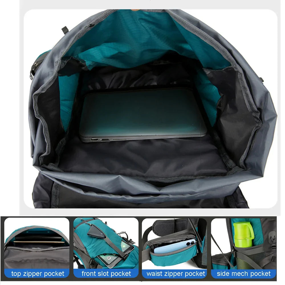 70L Waterproof Hiking Backpack with Rain Cover for Outdoor Travel