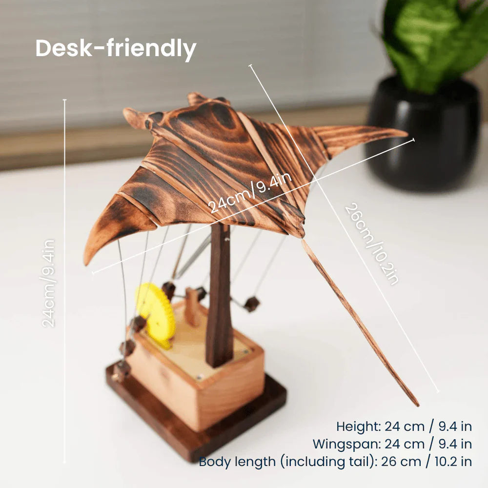 Hand-Cranked Kinetic Sculpture of Wooden Manta Ray for Desk Decor