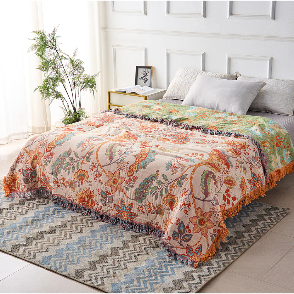 Floral Cotton Throw Blanket with Fringe – Bohemian Home Décor Layer