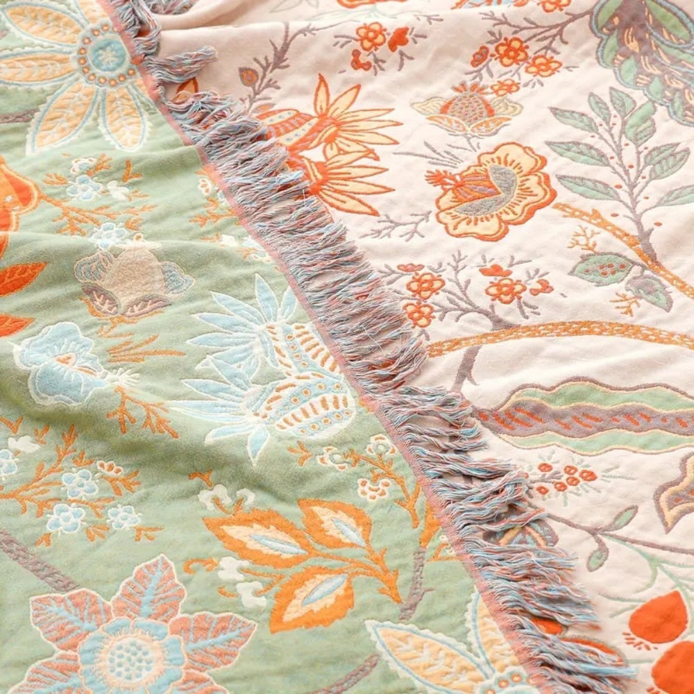 Floral Cotton Throw Blanket with Fringe – Bohemian Home Décor Layer