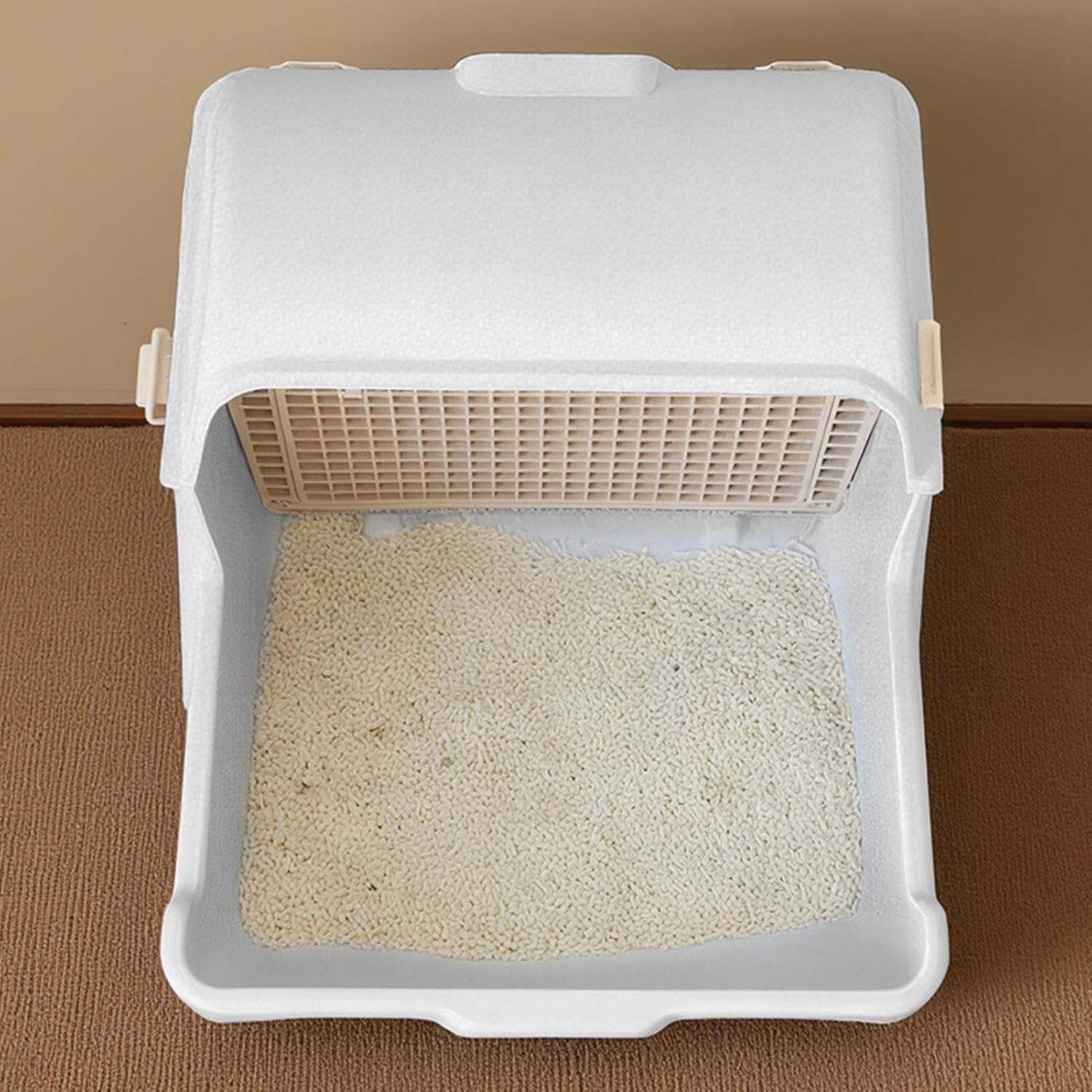 Self-Cleaning Cat Litter Box with Tilt Tray | Odor Management | Open Design | 50x50x46cm | Beige and Grey