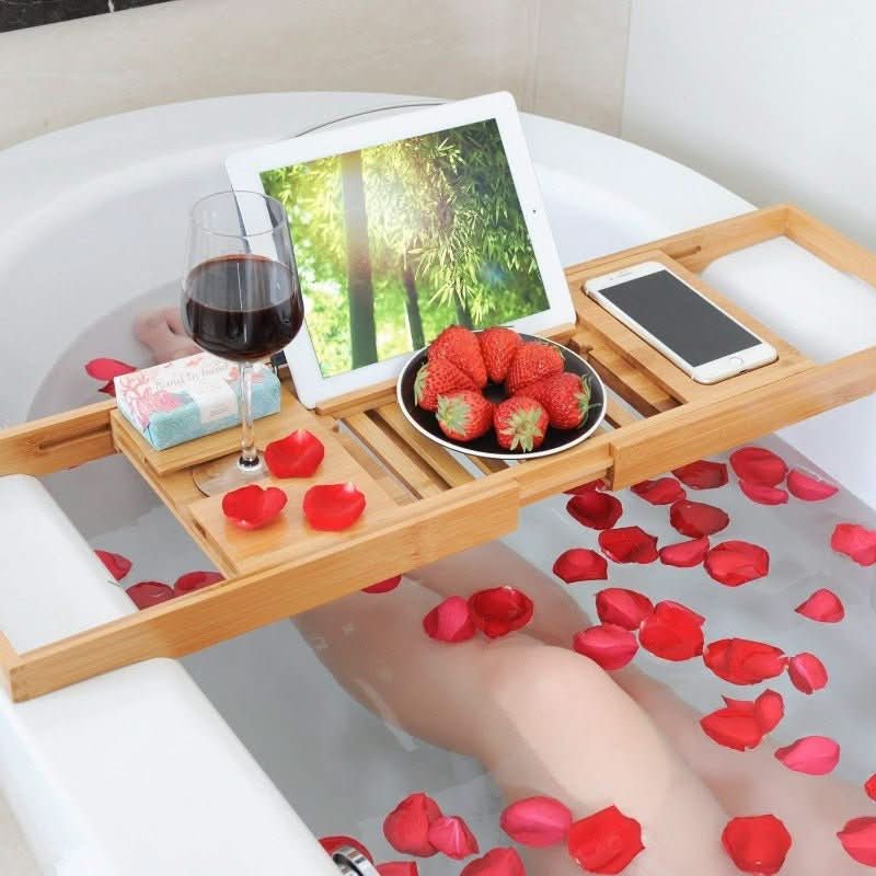SerenitySpa Bamboo Bathtub Caddy with Adjustable Holders