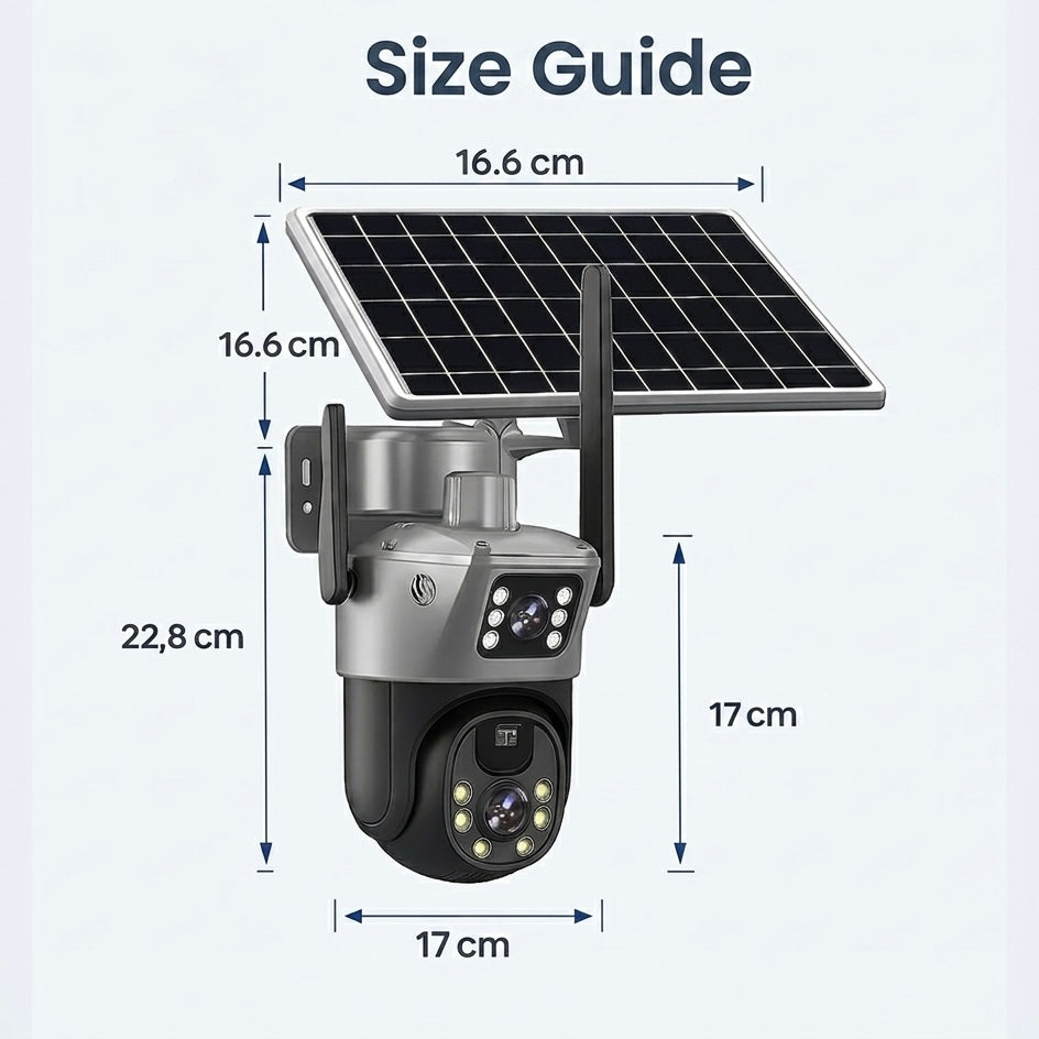 360° View Solar Security Camera with Dual Lens and 10x Zoom, IP66, 12000mAh, Two-Way Audio