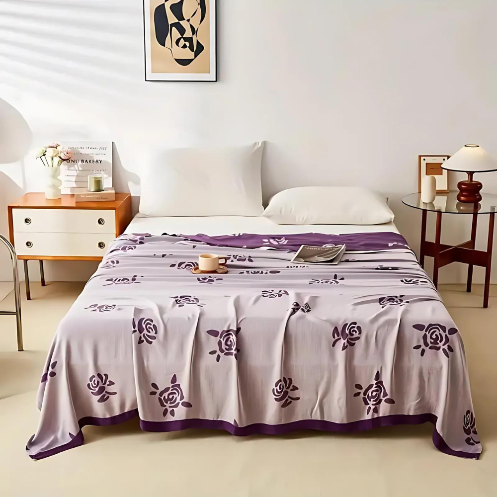 Rose Floral Design Bamboo Fiber Cooling Blanket for Summer Use