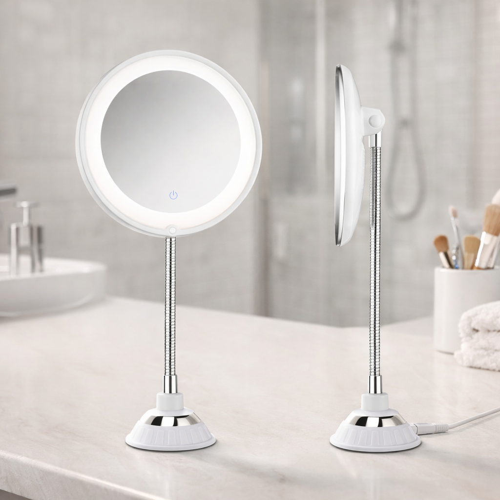 Illuminated Magnifier Mirror with Adjustable Arm for Grooming