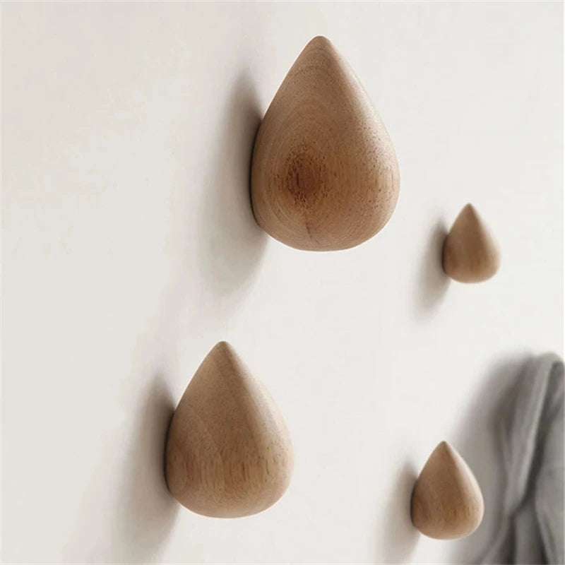 Natural Wood Drop-Shaped Wall Hook – No-Drill Adhesive Hanger