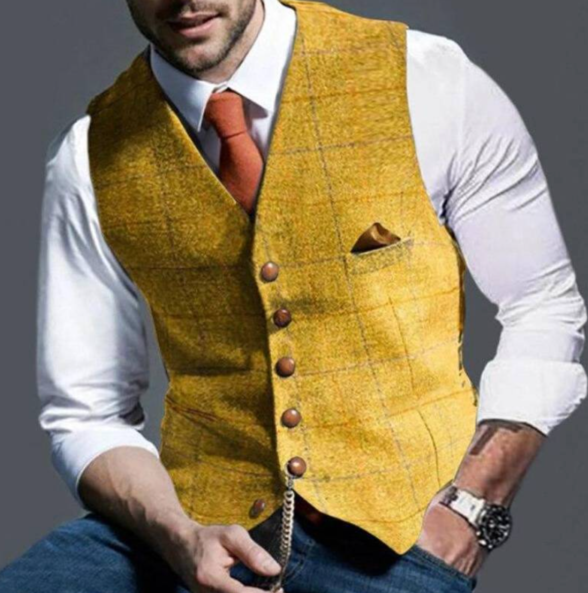 Men’s Vest | Vintage Style with Pocket Watch Chain | Textured Woven Fabric | Timeless Sophistication