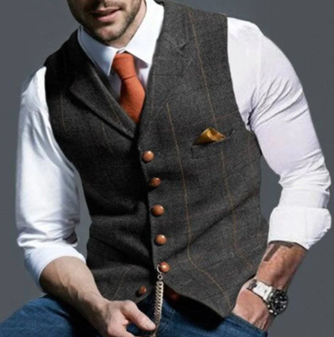 Men’s Vest | Vintage Style with Pocket Watch Chain | Textured Woven Fabric | Timeless Sophistication