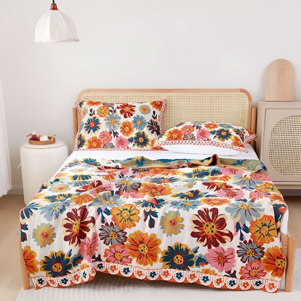 Organic Cotton Reversible Floral Throw Blanket – Year-Round Cozy Comfort