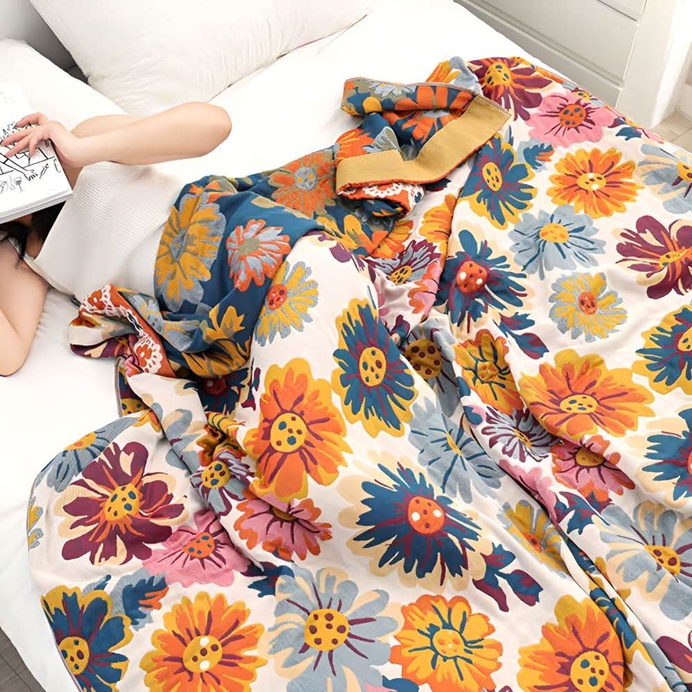 Organic Cotton Reversible Floral Throw Blanket – Year-Round Cozy Comfort