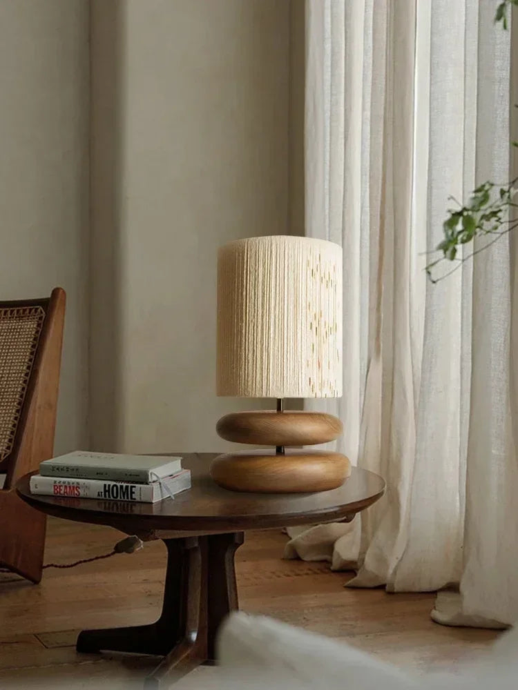 Fabric Shade Table Lamp with Wooden Stacked Base