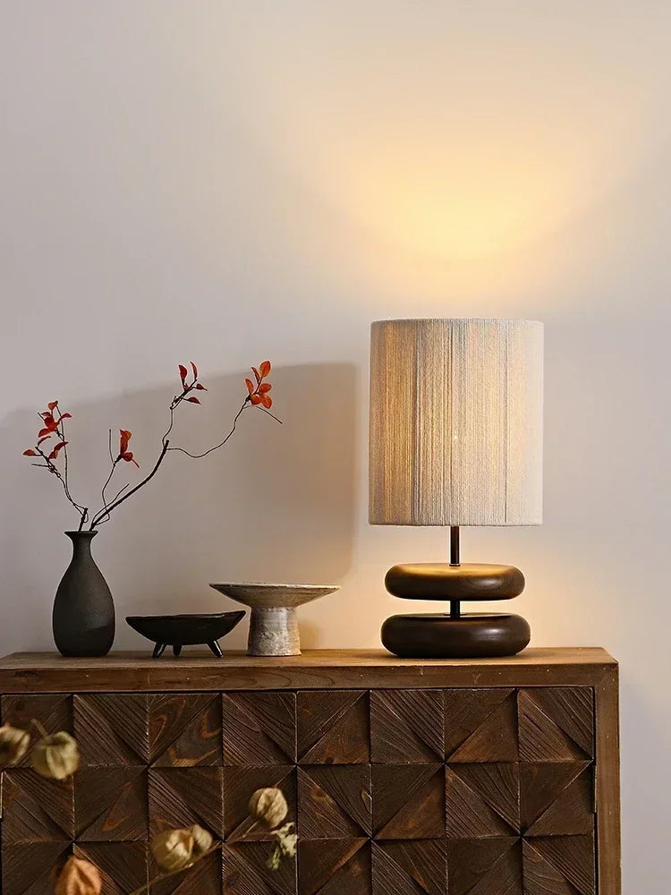 Fabric Shade Table Lamp with Wooden Stacked Base
