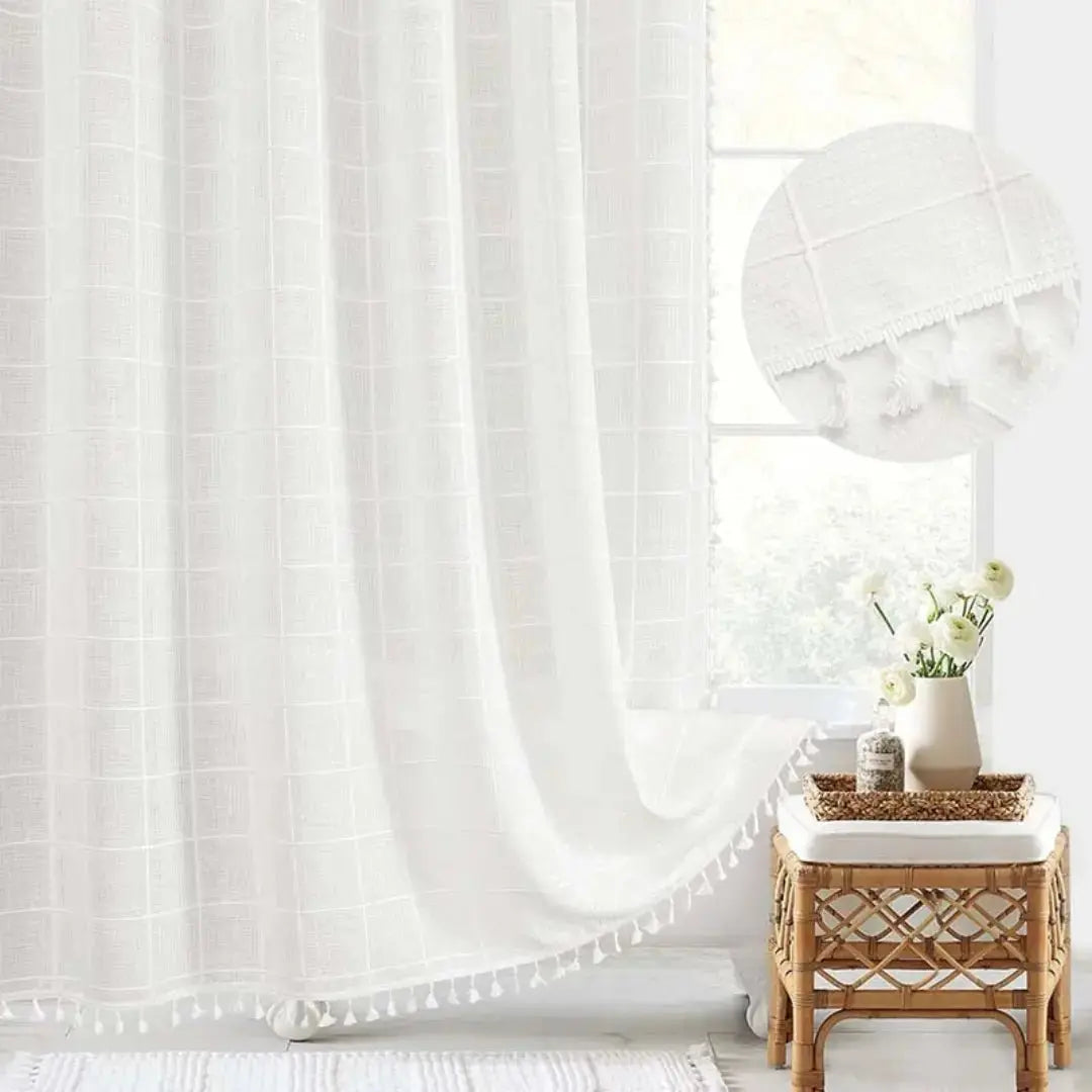 Chic Linen Shower Curtain with Decorative Tassels