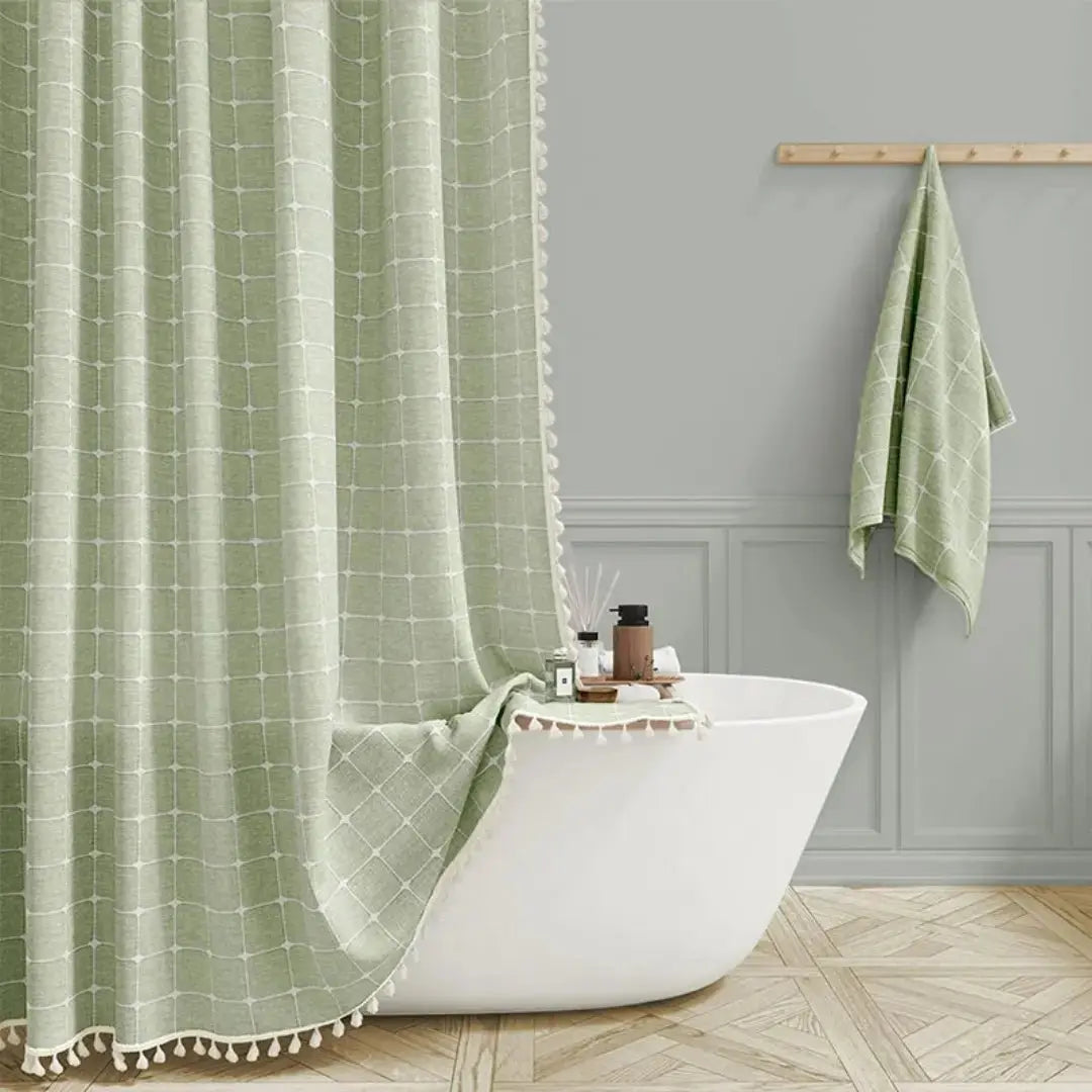 Chic Linen Shower Curtain with Decorative Tassels