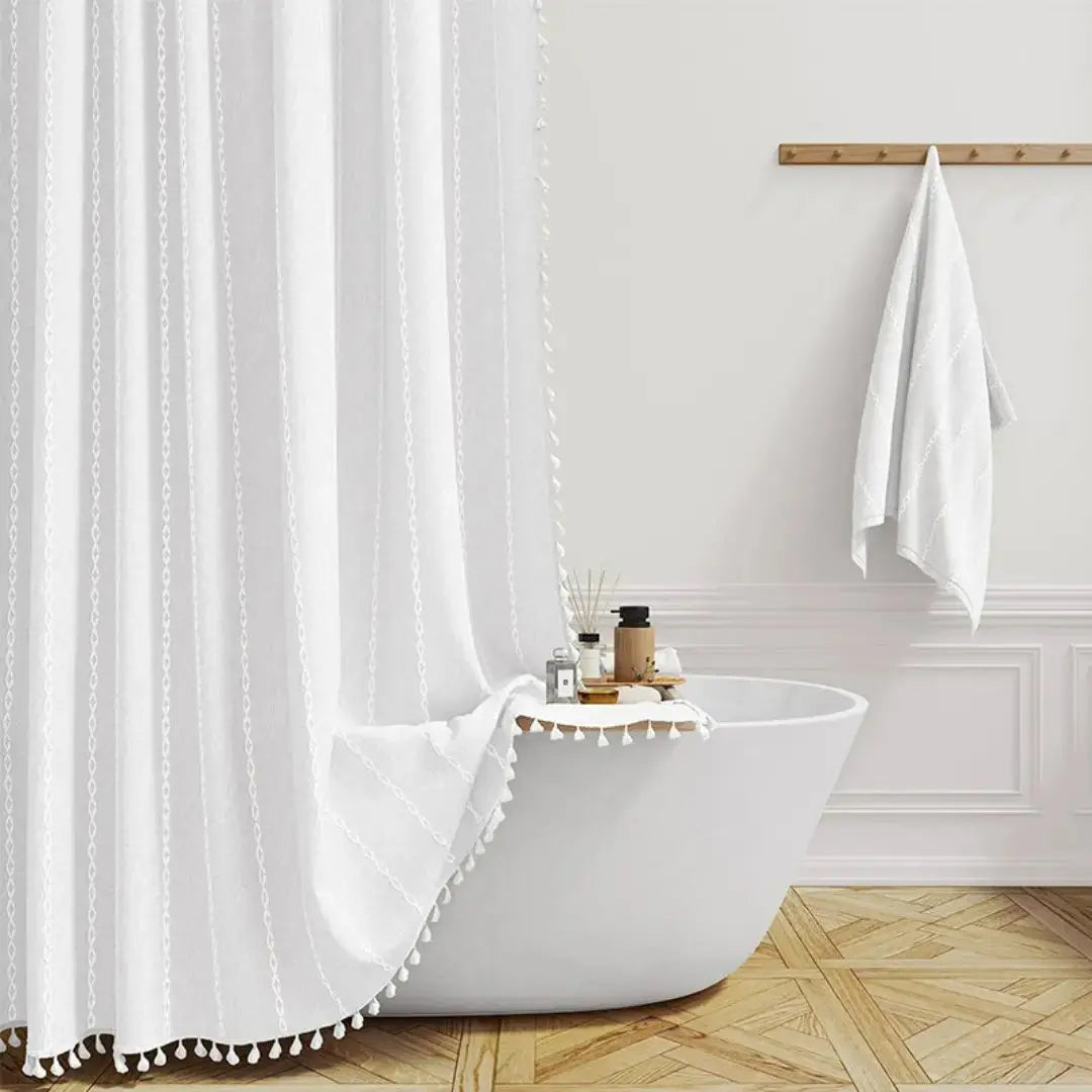 Chic Linen Shower Curtain with Decorative Tassels