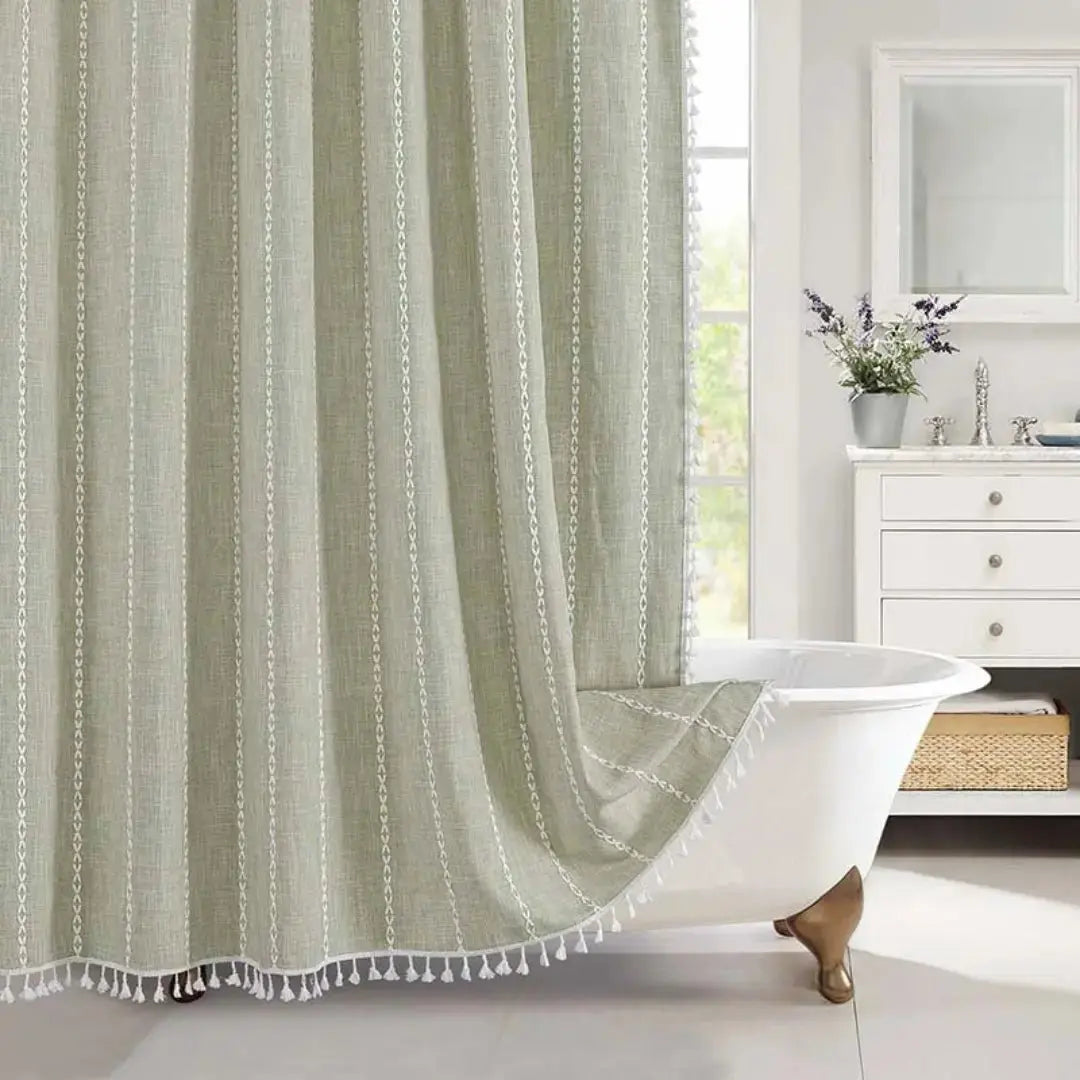 Chic Linen Shower Curtain with Decorative Tassels