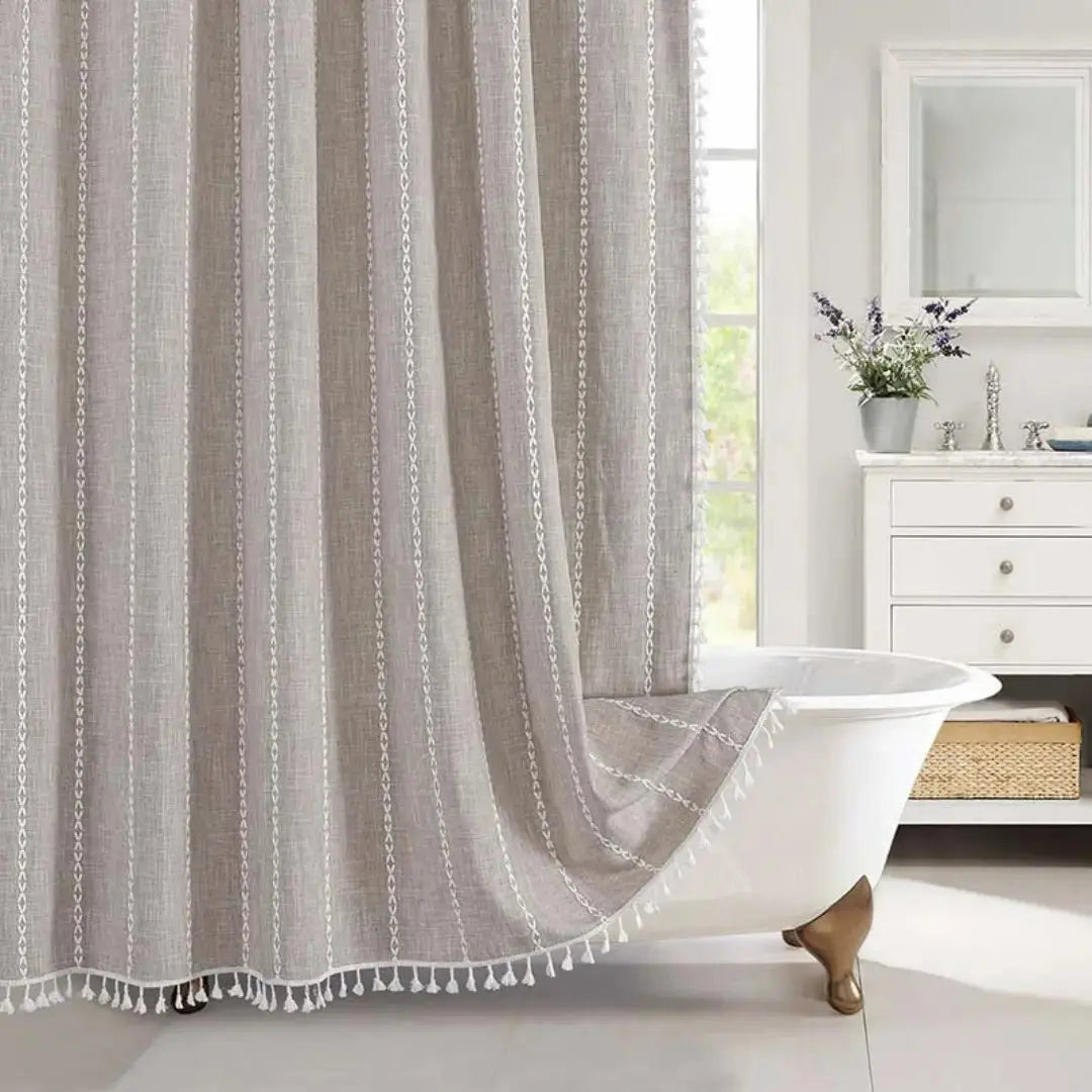 Chic Linen Shower Curtain with Decorative Tassels