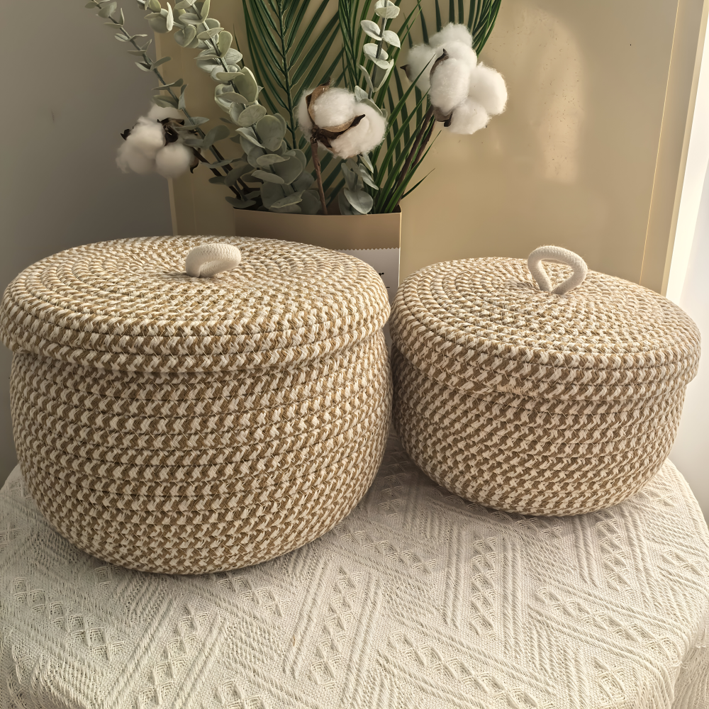Chic Circular Storage Basket with Lid – Rustic Elegance