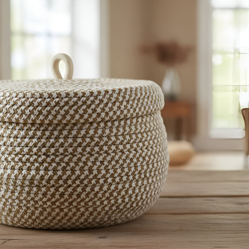 Chic Circular Storage Basket with Lid – Rustic Elegance