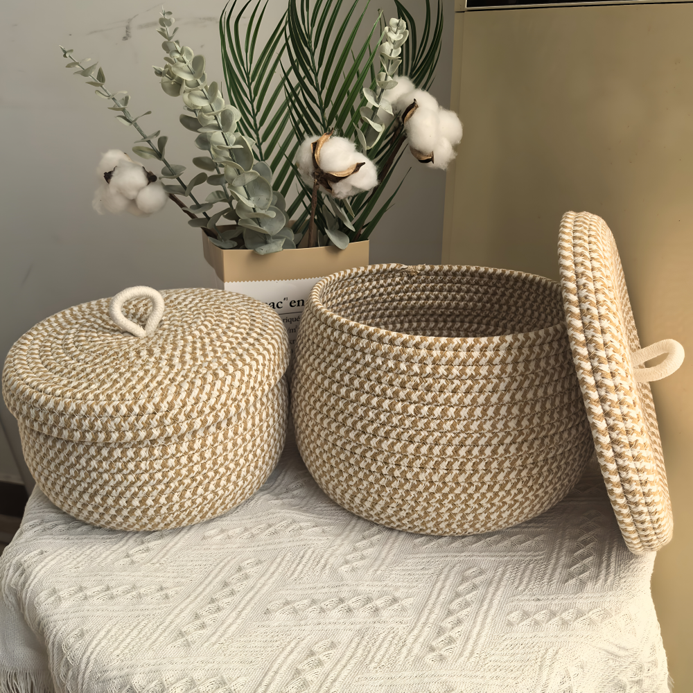 Chic Circular Storage Basket with Lid – Rustic Elegance