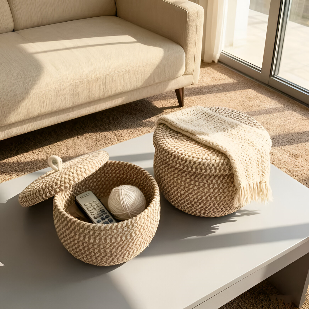Chic Circular Storage Basket with Lid – Rustic Elegance