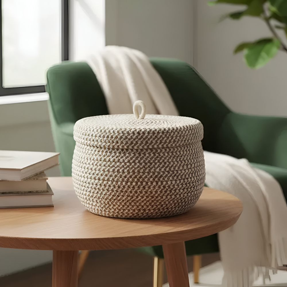 Chic Circular Storage Basket with Lid – Rustic Elegance