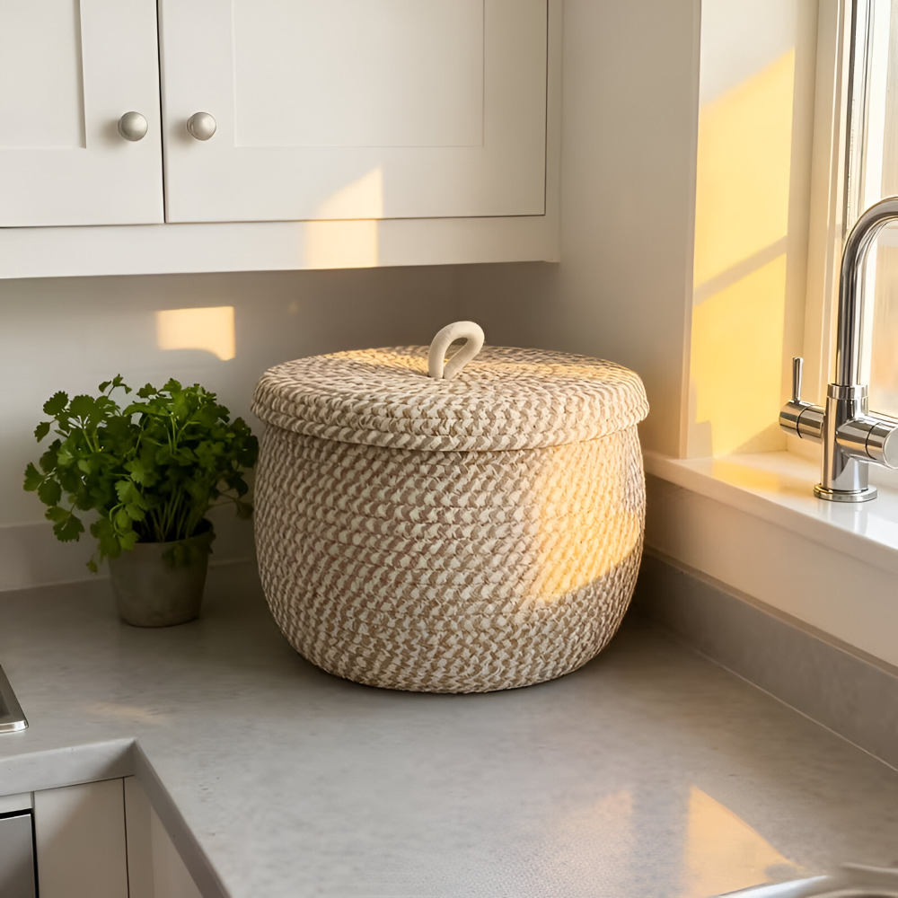 Chic Circular Storage Basket with Lid – Rustic Elegance