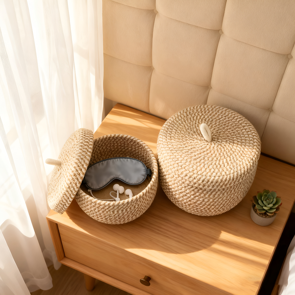 Chic Circular Storage Basket with Lid – Rustic Elegance