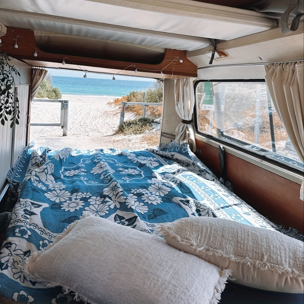 Travel Blanket in Boho Blue with Soft Microfiber for Outdoor Relaxation