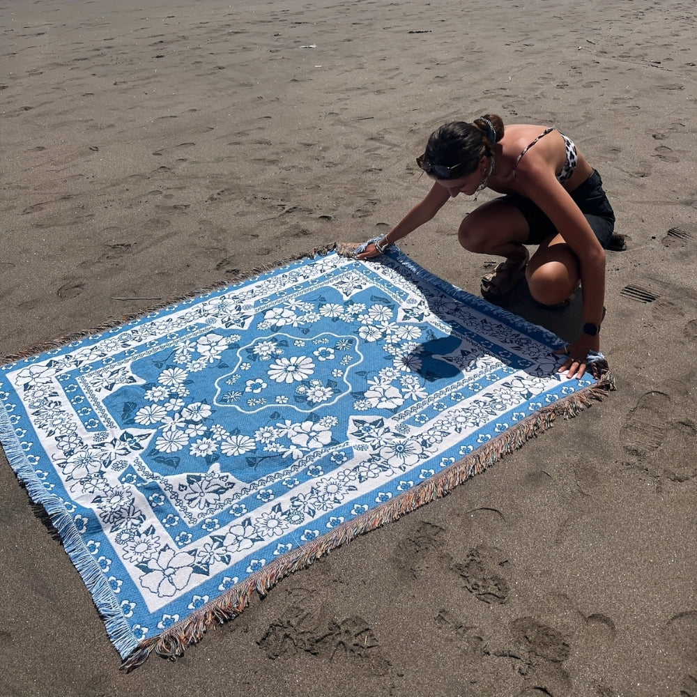 Travel Blanket in Boho Blue with Soft Microfiber for Outdoor Relaxation