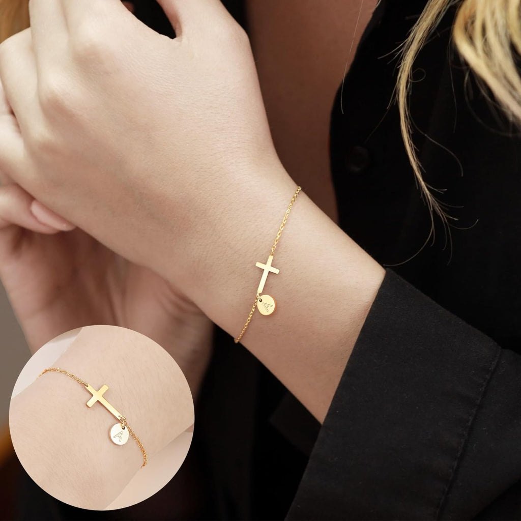 Customizable Cross Charm Bracelet with Adjustable Chain