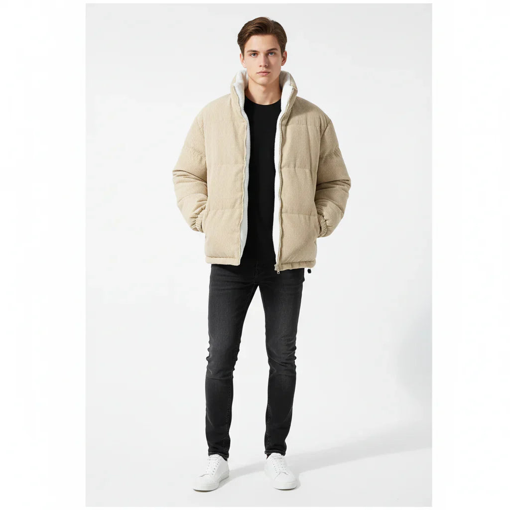 Plush Corduroy Jacket with Insulated Lining and Zipper Closure