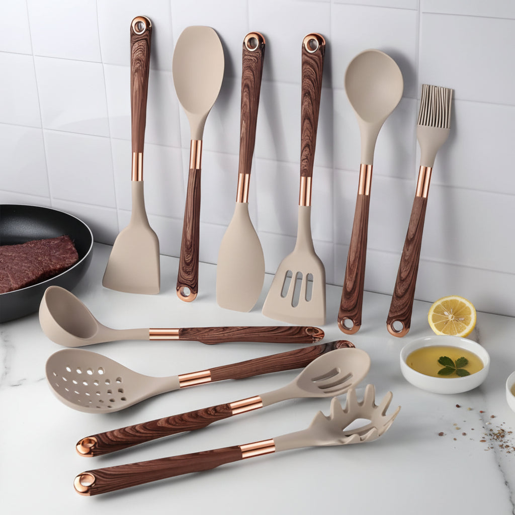 Sophisticated Silicone Kitchen Tool Set with Wooden Handles