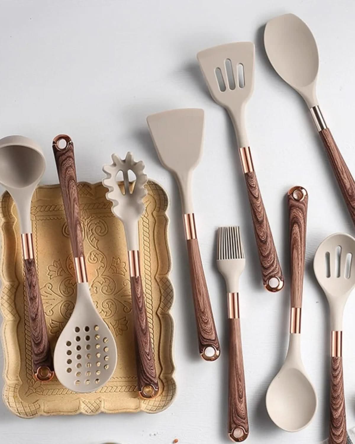 Sophisticated Silicone Kitchen Tool Set with Wooden Handles