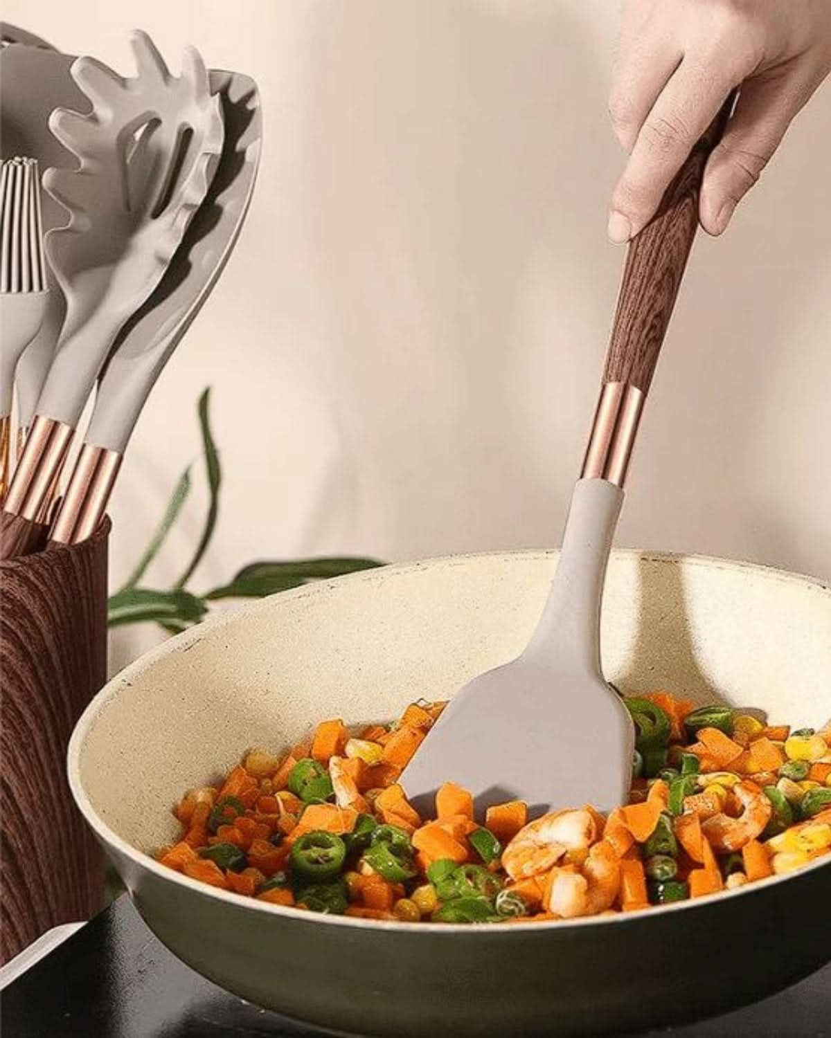 Sophisticated Silicone Kitchen Tool Set with Wooden Handles