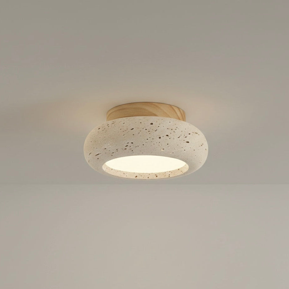 Flush Mount Ceiling Light with Wood and Travertine Design