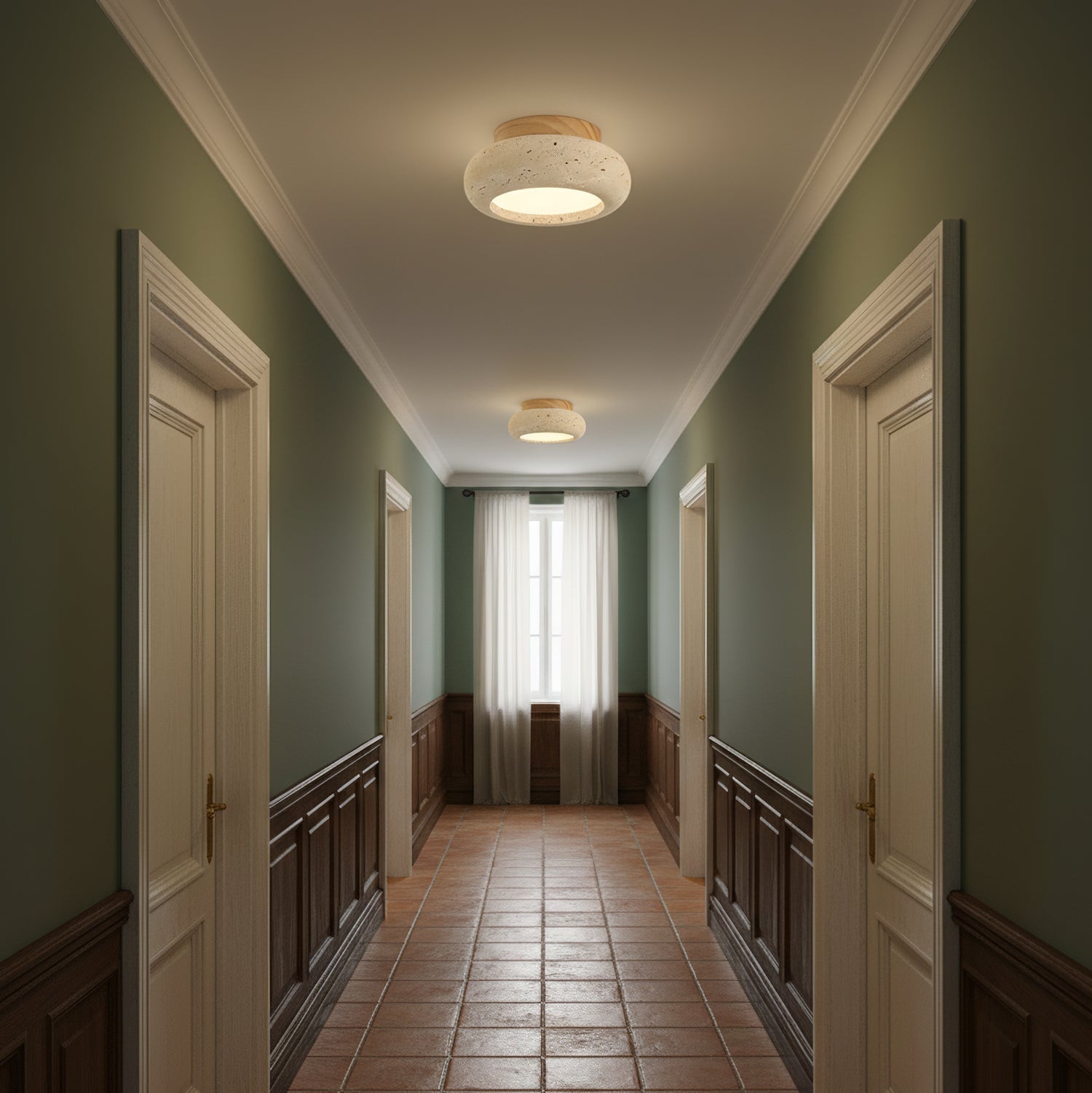 Flush Mount Ceiling Light with Wood and Travertine Design