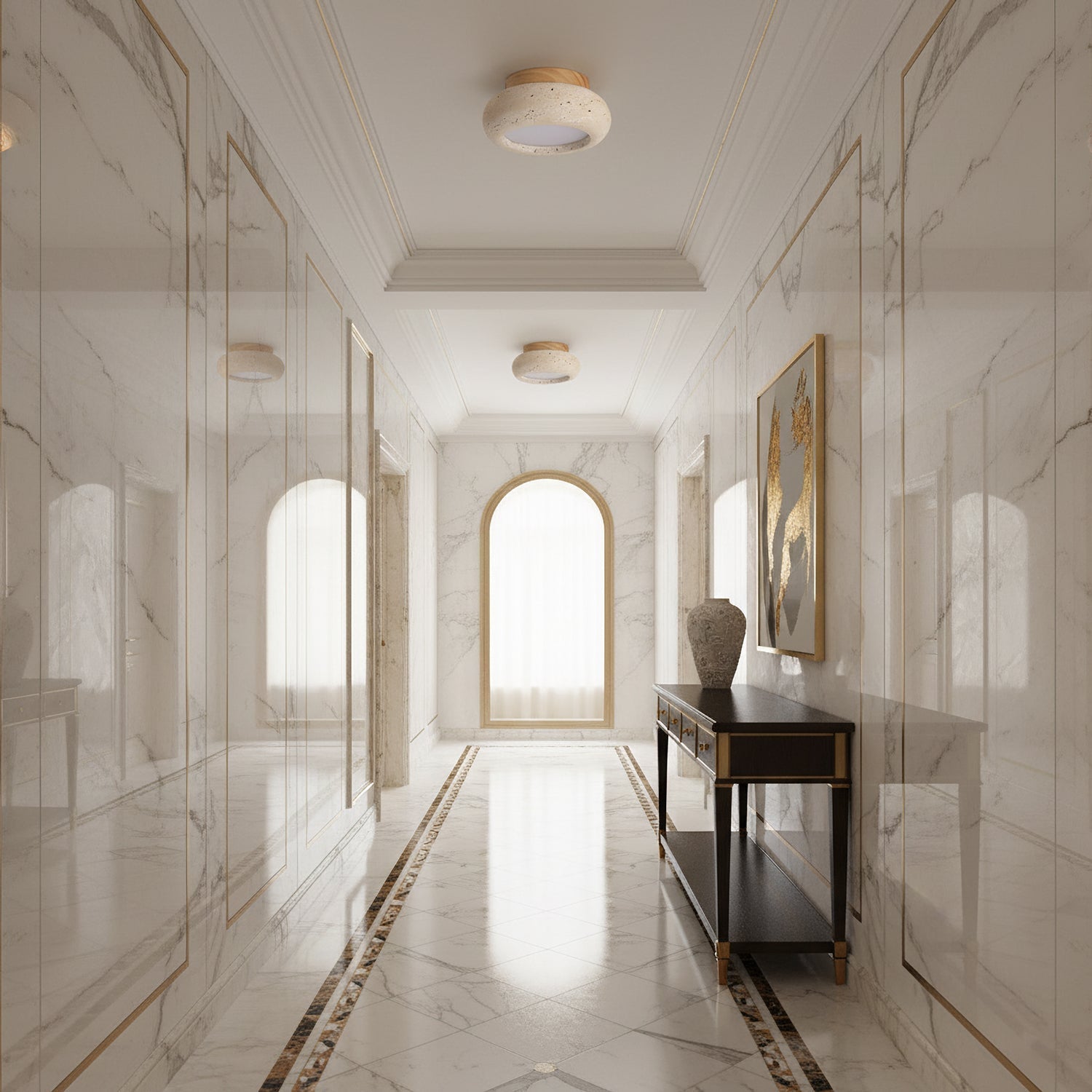 Flush Mount Ceiling Light with Wood and Travertine Design