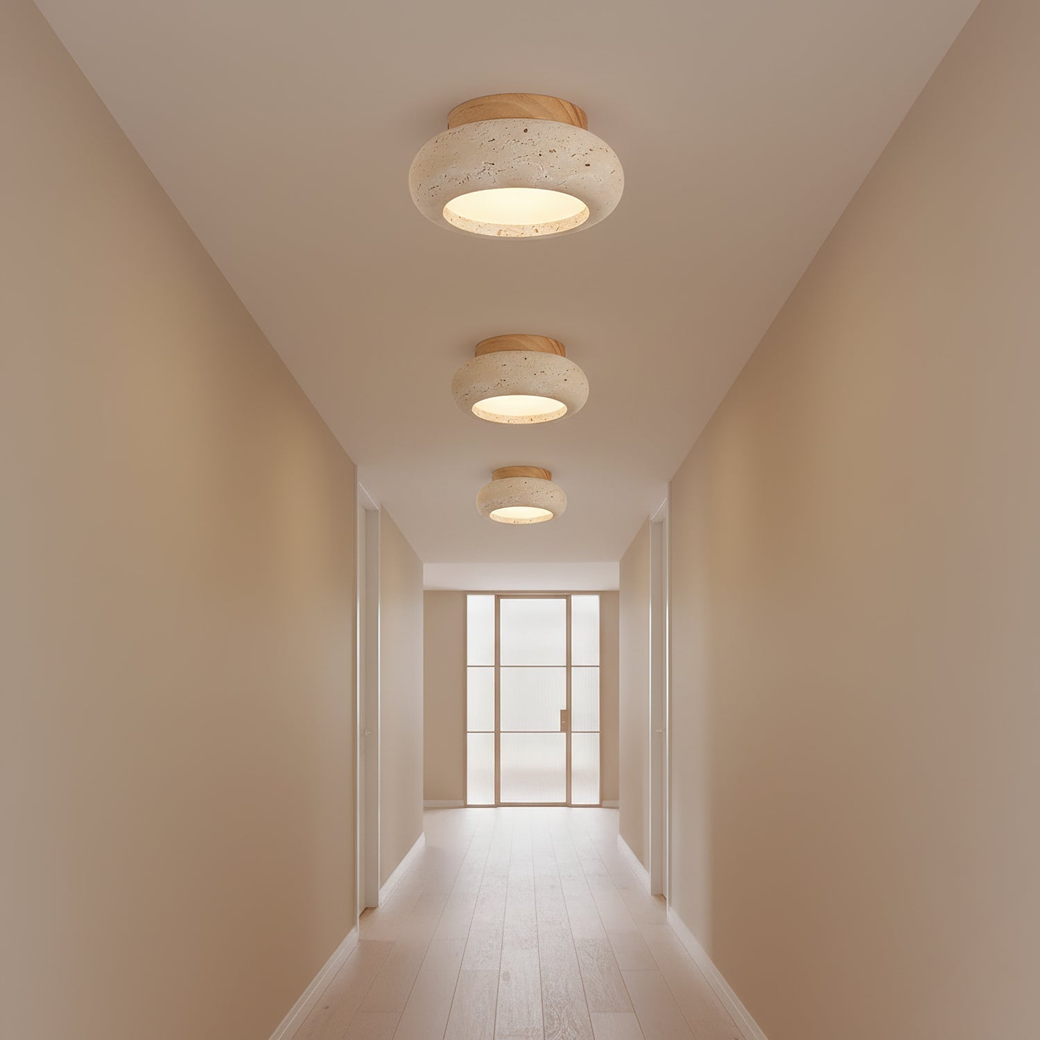 Flush Mount Ceiling Light with Wood and Travertine Design