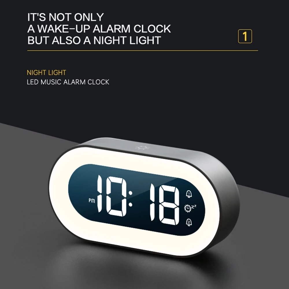 Digital Alarm Clock with Soothing Sounds & Night Light – Compact Design