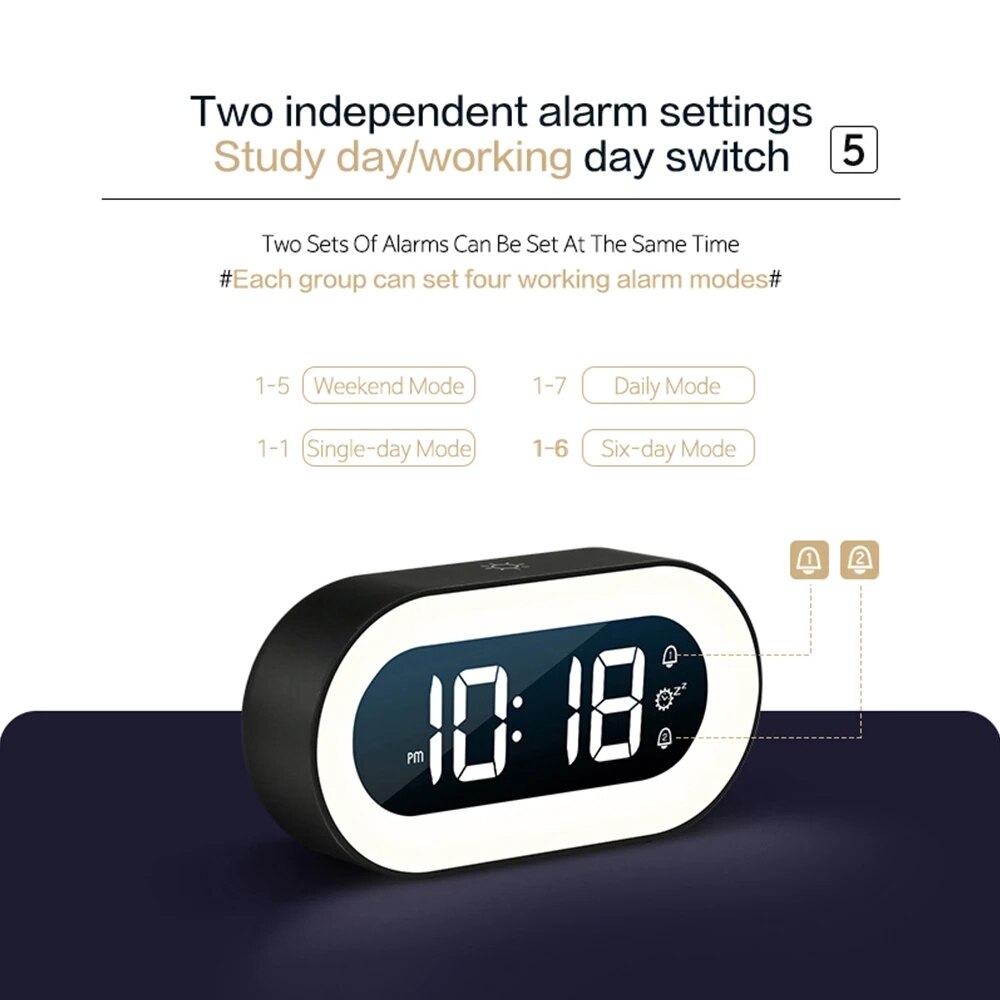 Digital Alarm Clock with Soothing Sounds & Night Light – Compact Design