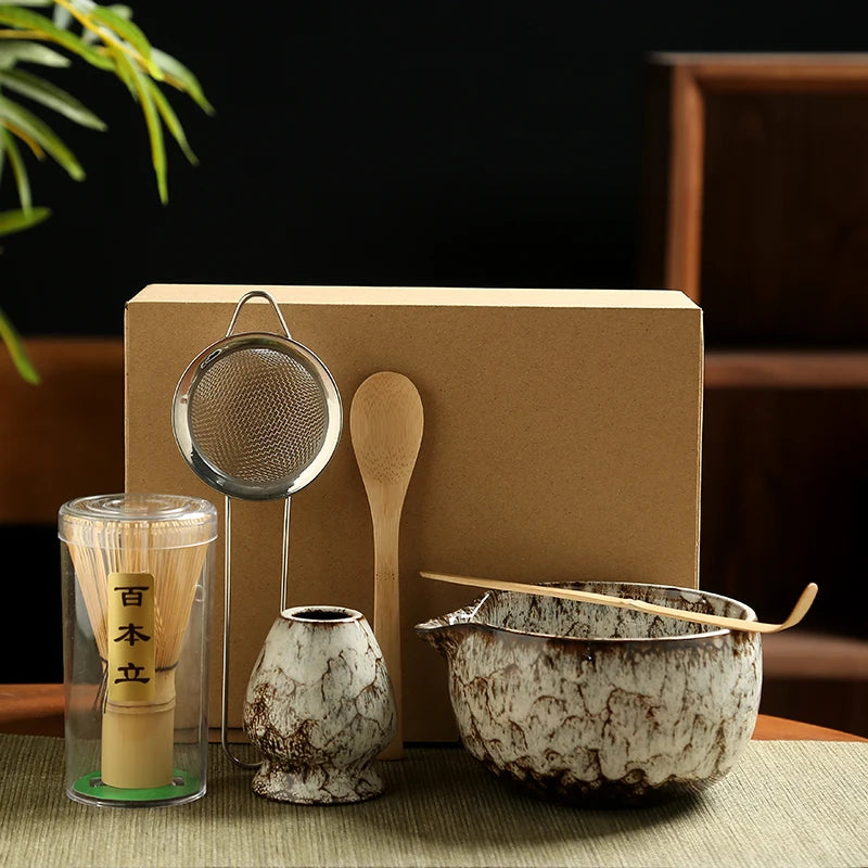 6-Piece Matcha Tea Set with Ceramic Bowls, Bamboo Whisk, and Strainer