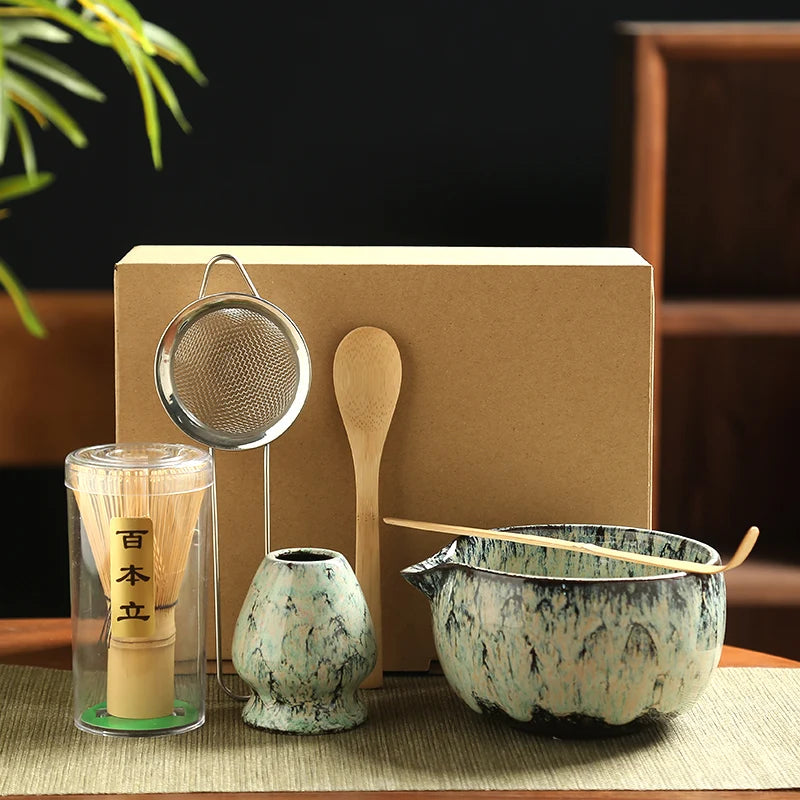 6-Piece Matcha Tea Set with Ceramic Bowls, Bamboo Whisk, and Strainer