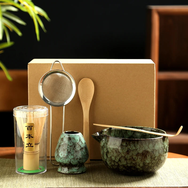 6-Piece Matcha Tea Set with Ceramic Bowls, Bamboo Whisk, and Strainer