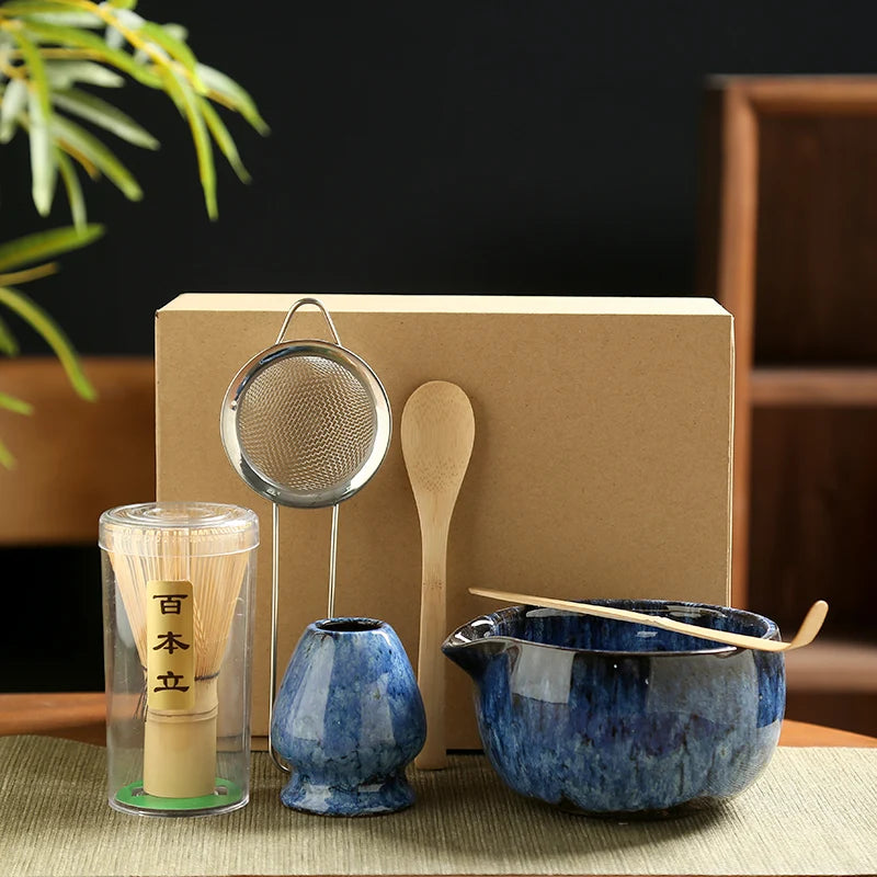 6-Piece Matcha Tea Set with Ceramic Bowls, Bamboo Whisk, and Strainer